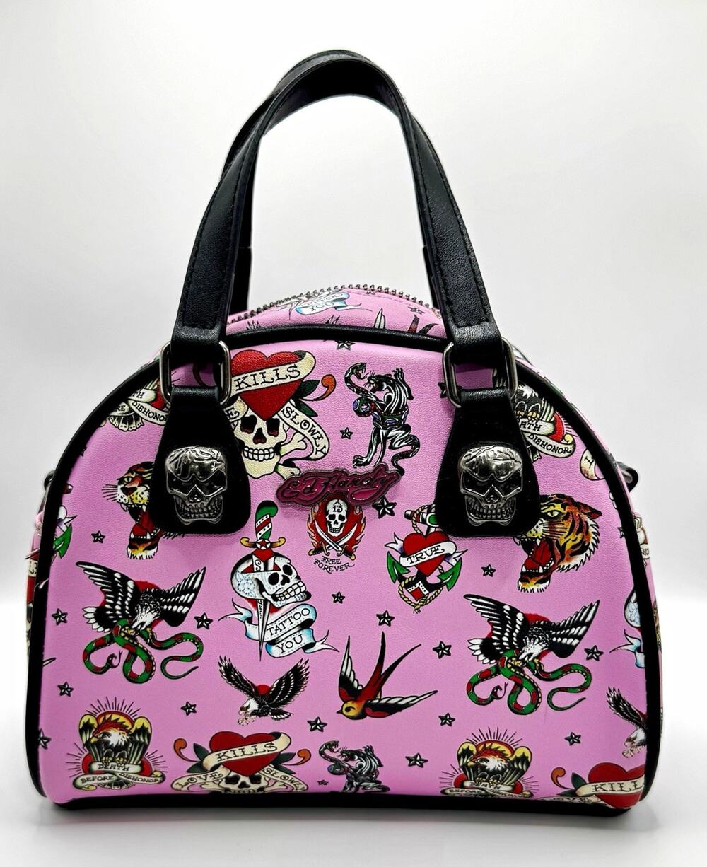 Ed Hardy Pink Tattoo Print Small Dome Satchel Bowler Crossbody Y2K Skull NWOT